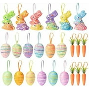 24pcs Easter Tree Hanging Ornament Decoration, Spring Party Hang Decor with Rope Colorful Foam Egg Carrot Bunny Pendant, Glitter Rabbit Craft for Home School Party Game Wall Decorative Supplies