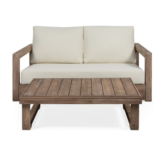 GDF Studio Andrae Outdoor Acacia Wood Loveseat and Coffee Table Set with Cushions, Brown and Beige