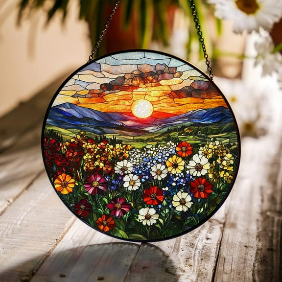 Wildflowers Glass Suncatcher, Sunset Flower Window Hanging, Floral Garden Window Decor, Gift for Mom, Nature Lover Gift,Wall Art Suncatcher