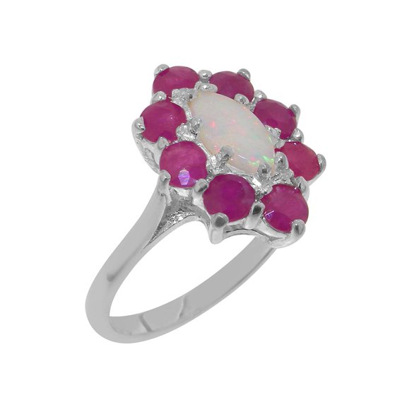 LBG British Made 18k White Gold Natural Opal & Ruby Womens Statement Ring - 33 size options - Size 10