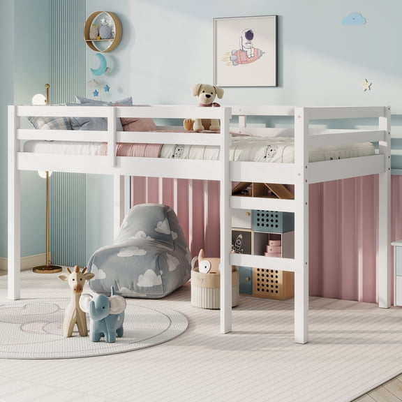 UHOMEPRO Twin Size Loft Bed, Solid Wood Loft Bed Frame with Wooden Slats, Modern Low Loft Bed for Boys Girls, No Box Spring Needed, White