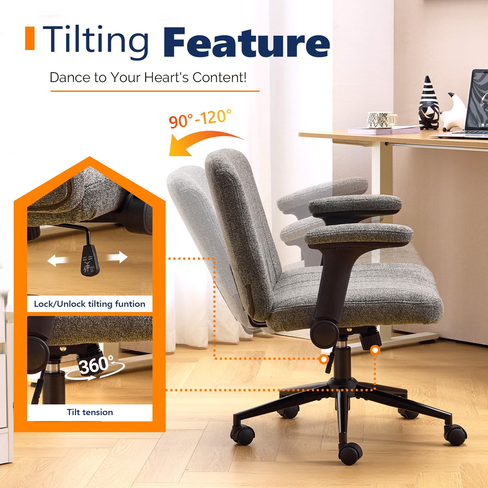 Ktaxon Office Chair with Chenille Fleece Upholstery, Flip-Top Armrest Desk Chair on Metal Star Base, Adjustable Height & Quiet Casters for Home Study Gray