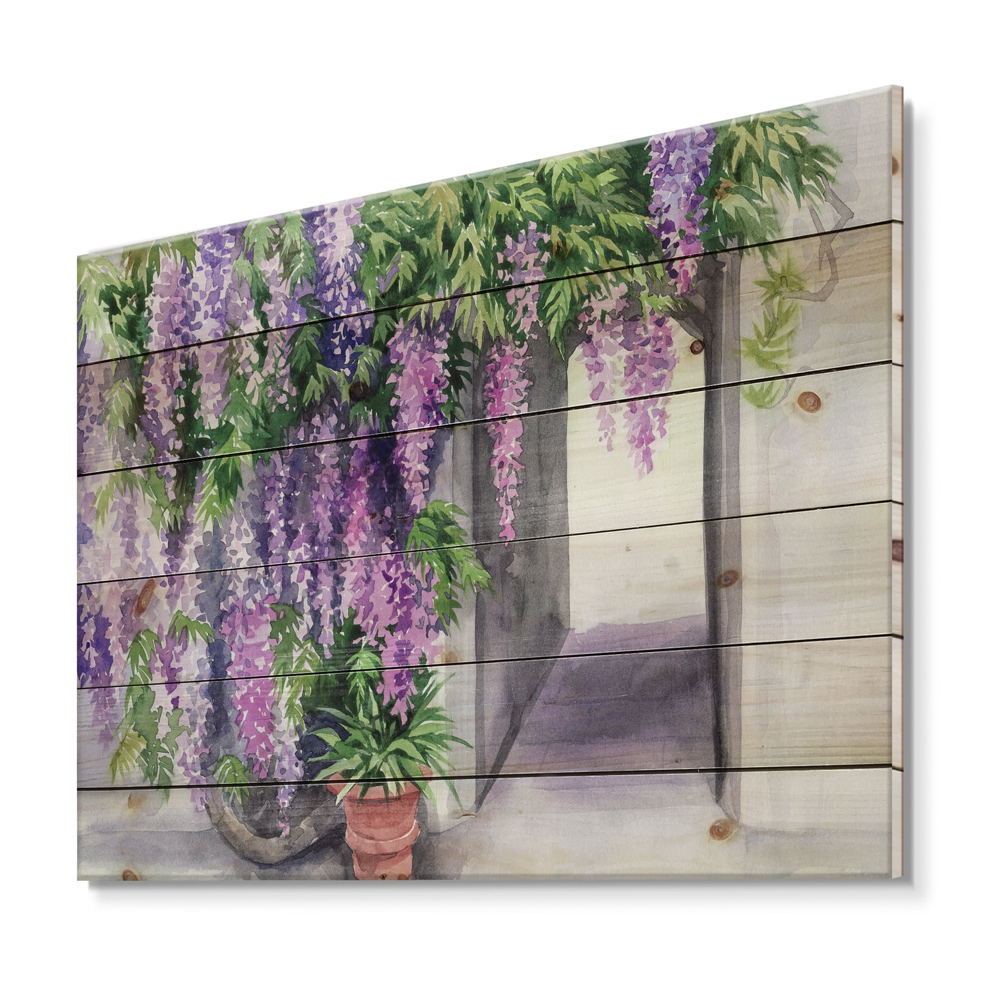 Designart 'Purple Wisteria Blossom' Traditional Print on Natural Pine Wood