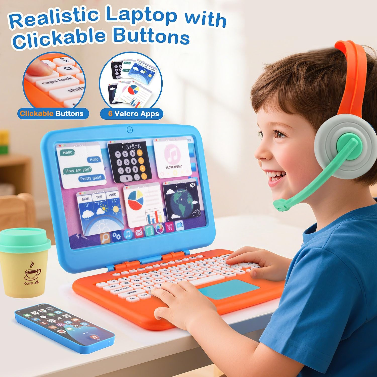 Aijohnny Pretend Play Home Office Set for Kids,Toddler Computer,Phone,LCD Writing Tablet,Pop Fidget Calculator，Headset,Coffee Cup and Watch,Birthday Gift for Boys