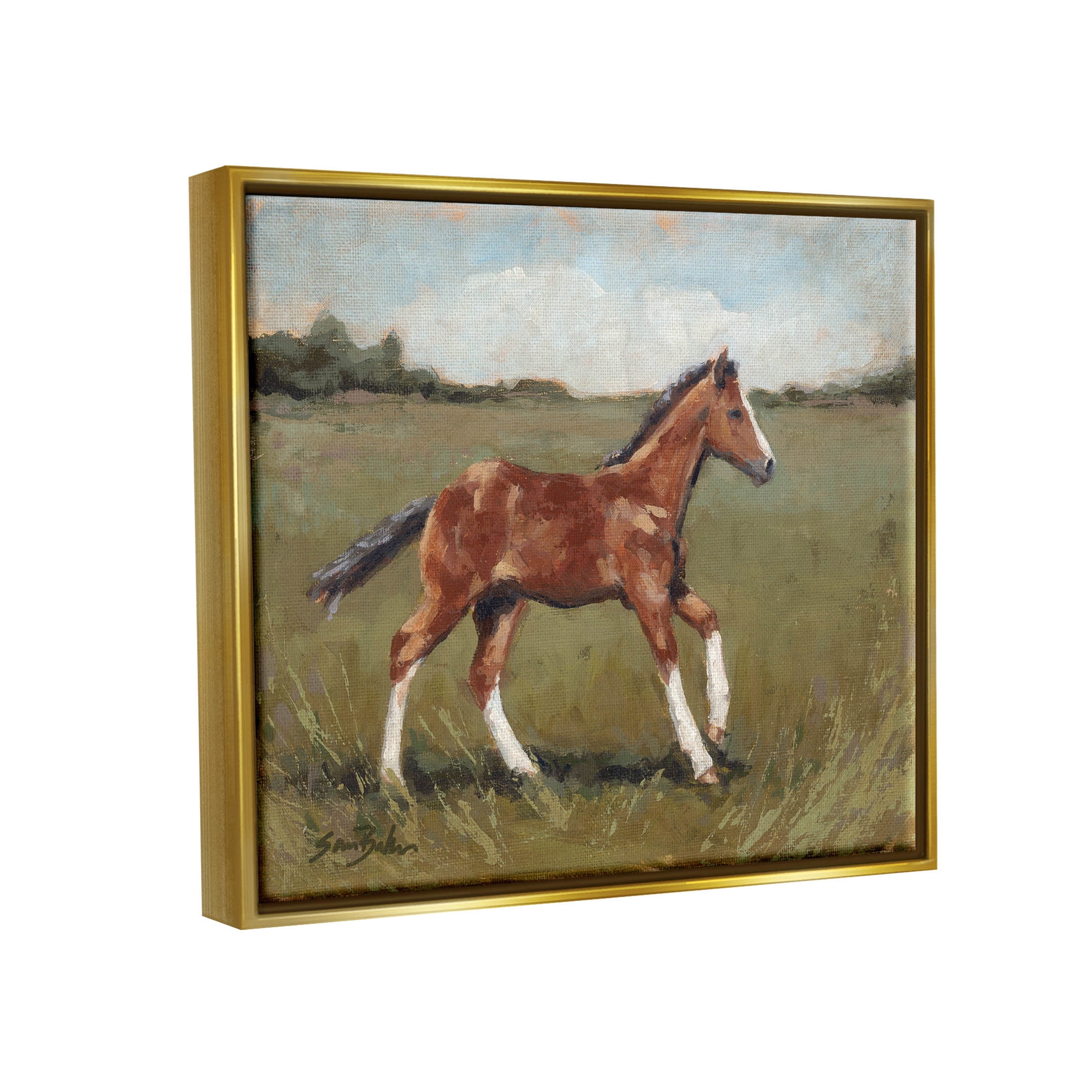 Horse Foal Galloping Countryside Animals & Insects Painting Metallic Gold Framed Art Print Wall Art