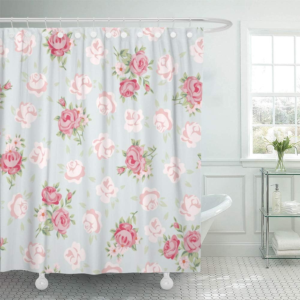 Red Pink Rose Flower Floral Cute Black White Striped Retro Fabric Shower Curtain 