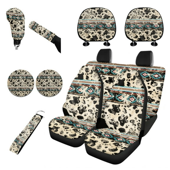 Renewold American Tribal Cow Print Retro 11 Pieces Car Seat Cover Set for Women Men Keychain Gear Shift Cover Handbrake Cover Headrest Covers Car Coasters Auto Accessories Protector
