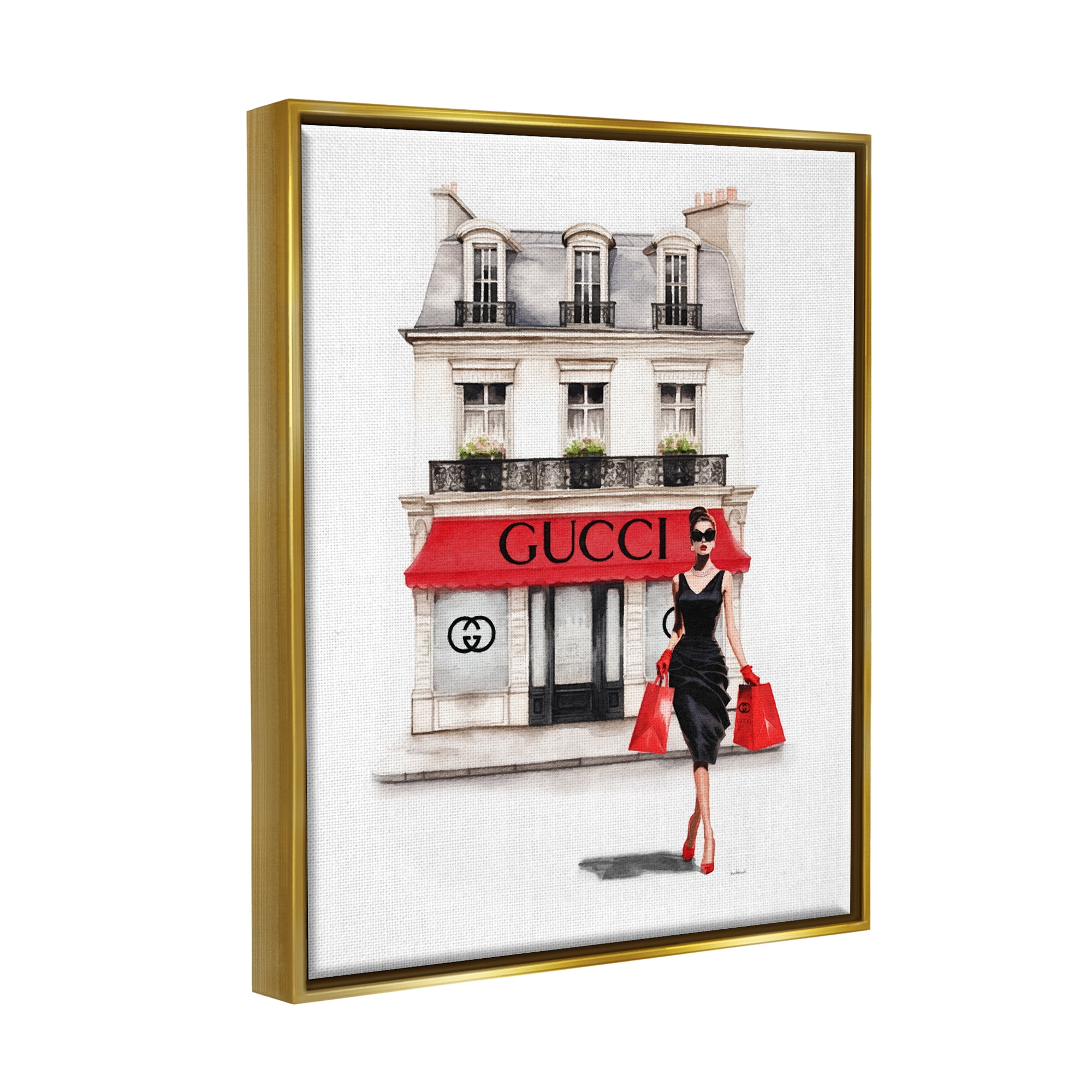 Stupell Industries Trendy Girl Shopping Town & City Painting Gold Floater Framed Canvas Art Print Wall Art, 17 x 21