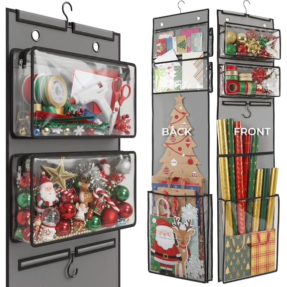 Wrapping Paper Organizer 63" – Double-Sided Vertical Gift Wrap Holder with 4 Zipper Bags, Transparent Pockets & Hooks – Space-Saving Storage for Gift Paper Rolls, Ribbons & Accessories
