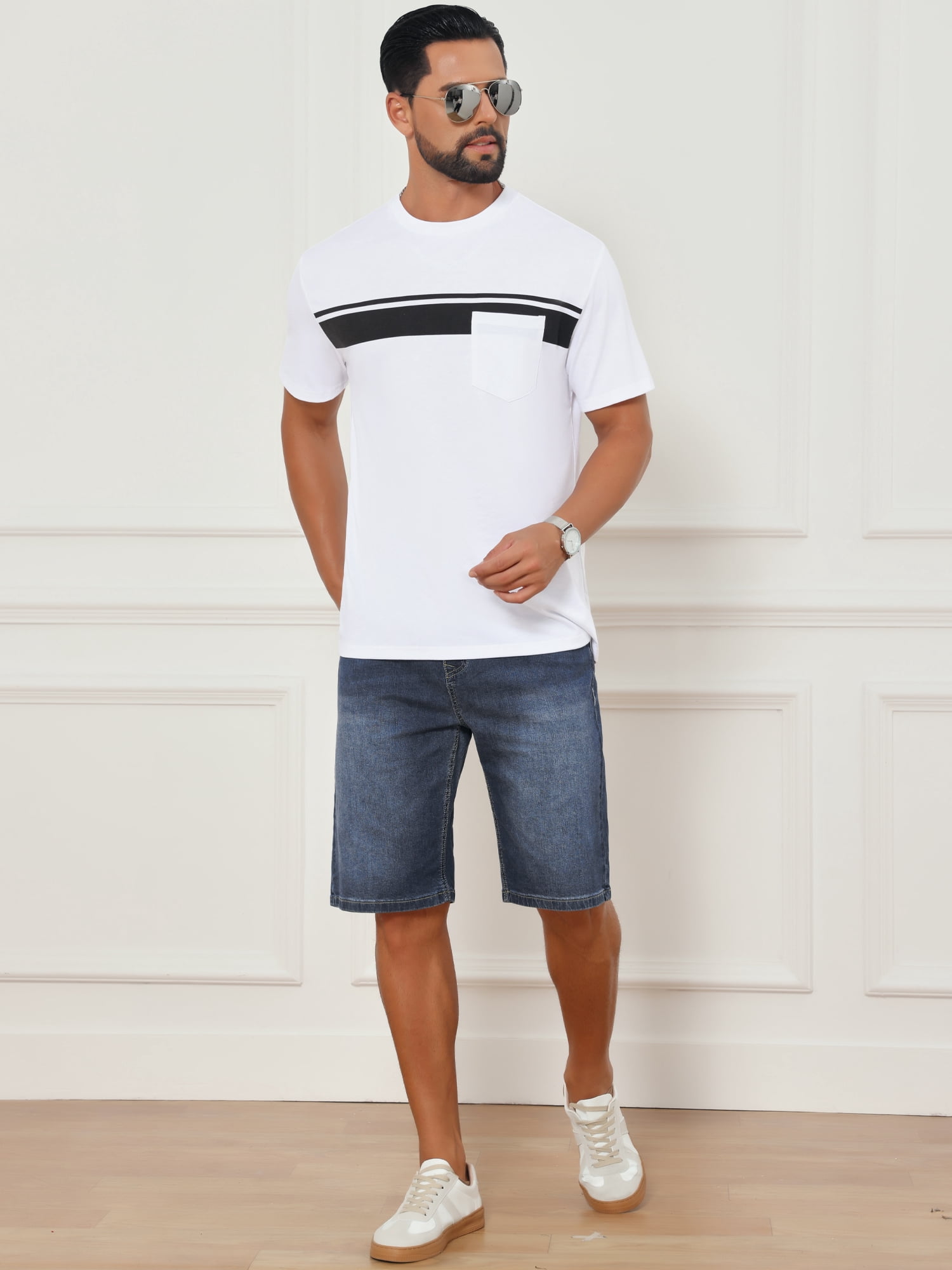 DARING DIVA Men's Chest Pocket Striped Print Crew Neck Short Sleeve T-Shirt XL White