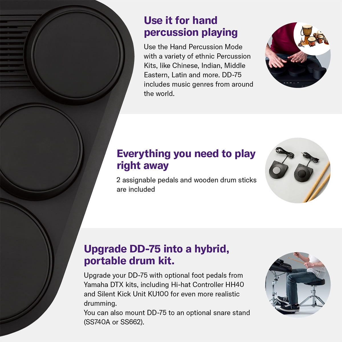 Yamaha DD75AD Portable Digital Drum Kit with Drum Sticks and 2 Foot Pedals
