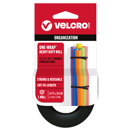 VELCRO Brand ONE-WRAP® Heavy Duty Roll – Reusable Fasteners for Keeping Cords and Cables Tidy – Cut-to-Length Roll, 4ft x 3/4in, Black