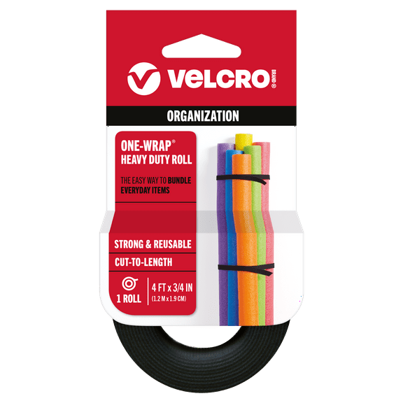 VELCRO Brand ONE-WRAP® Heavy Duty Roll – Reusable Fasteners for Keeping Cords and Cables Tidy – Cut-to-Length Roll, 4ft x 3/4in, Black