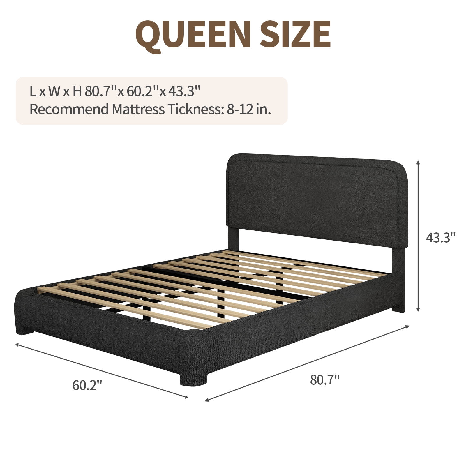 4 Ever Winner Queen Boucle Upholstered Bed Frame with Headboard, Easy Assembly, Black
