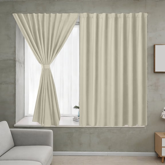 Self Adhesive Blackout Curtain Drapes, Thermal Insulated Room Darkening Window Coverings, No Drill Rental Friendly Blinder for Bedroom Bay Window & Living Room Sun Shading