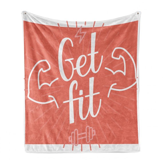 Fitness Soft Flannel Fleece Throw Blanket, Get It Lettering with Bodybuilder Man Arms Biceps Be Strong Achievement, Cozy Plush for Indoor and Outdoor Use, 70" x 90", Coral and White, by Ambesonne