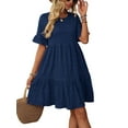 thumbnail image 2 of Women'S Summer Dresses 2025 Puff Sleeve Crew Neck High Waist Smocked A-Line Flowy Loose Fit Midi Dress Navy Blue L, 2 of 9