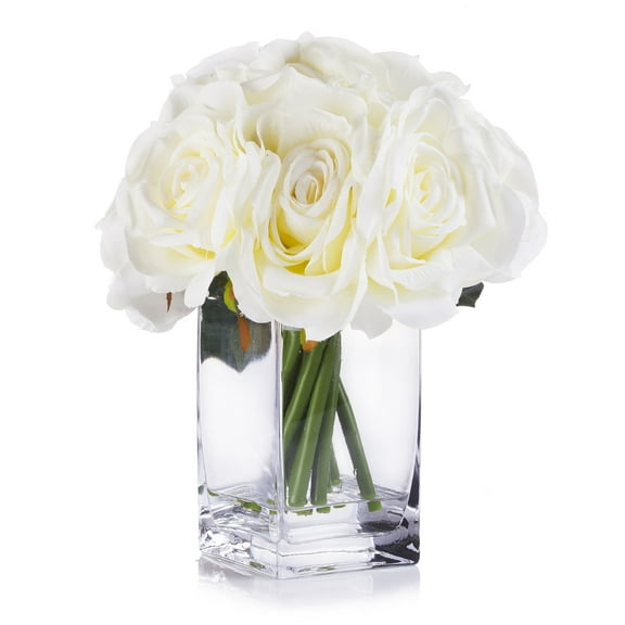Enova Home Artificial Cream Open Roses Silk Flowers Arrangement in Clear White Vase with Faux Water