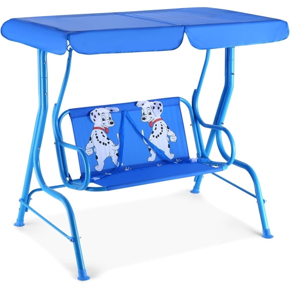 Porch Swing, Kids Patio Hammock w/Adjustable Canopy & Stand, Safety Belt, 2 Seats Outdoor Swing Bench, Metal Frame Hanging Lounge Chair, Swing Sets for Backyard, Garden, Poolside (Blue Puppy)