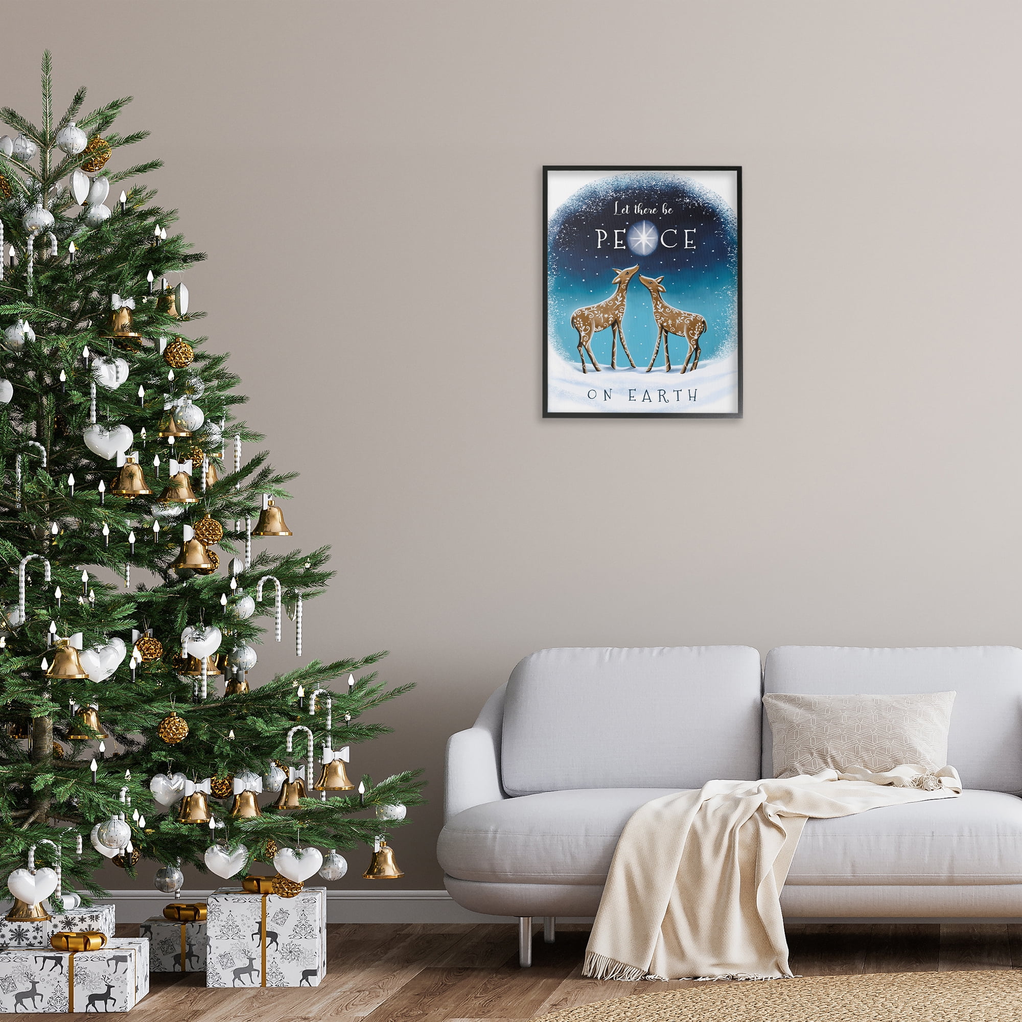 Stupell Industries Peace On Earth Reindeer Holiday Painting Black Framed Art Print Wall Art, 24 x 30