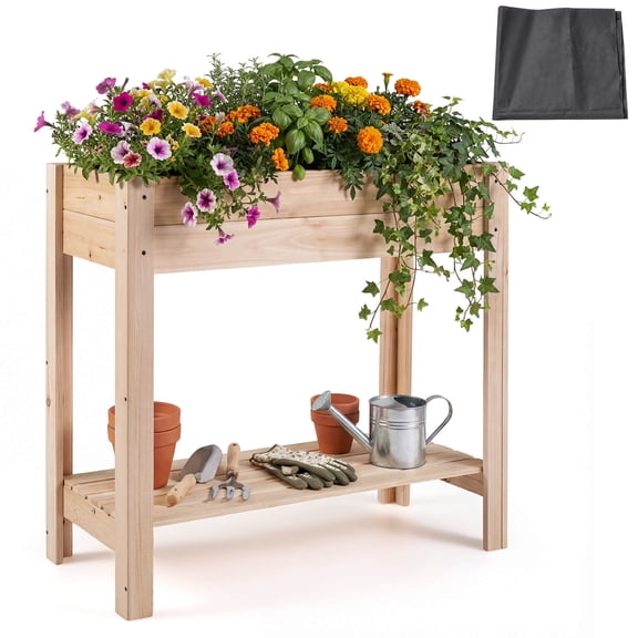 Costway Wooden Raised Garden Bed with Legs, Storage Shelf, Liner, Drainage for Backyard