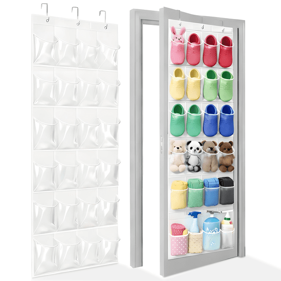 Over The Door Shoe Organizer - Space Saving Shoe Rack for Closet Door with 24 Pockets and Hook, Shoe Holder Back of Door Organizers for Shoes, Hanging Shoe Organizer(White)