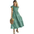 thumbnail image 1 of Vestido largo bohemio informal de verano con mangas cortas y volantes para mujer, con corpiño fruncido y bolsillos E05, 1 of 5