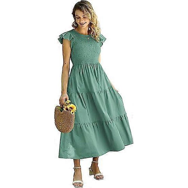 Vestido largo bohemio informal de verano con mangas cortas y volantes para mujer, con corpiño fruncido y bolsillos E05