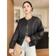 thumbnail image 4 of Elegante abrigo de piel de oveja con cuello redondo para mujer, tendencia primavera otoño 2024, chaqueta de cuero genuino corta con cremallera suelta y sencilla, 4 of 5