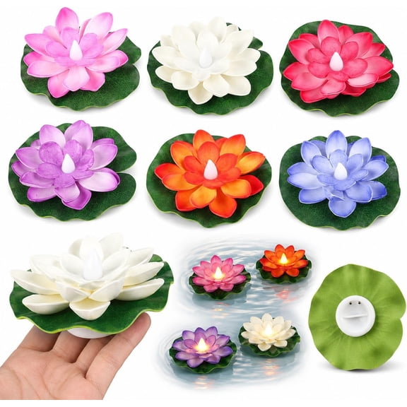 Floating Lotus Lights for Pool and Pond, 6 Pack LED Artificial Flower Lantern, Battery Operated Waterproof Outdoor Garden Fountain Decoration, Floating Pools Lights for Swimming Pool Water Feature