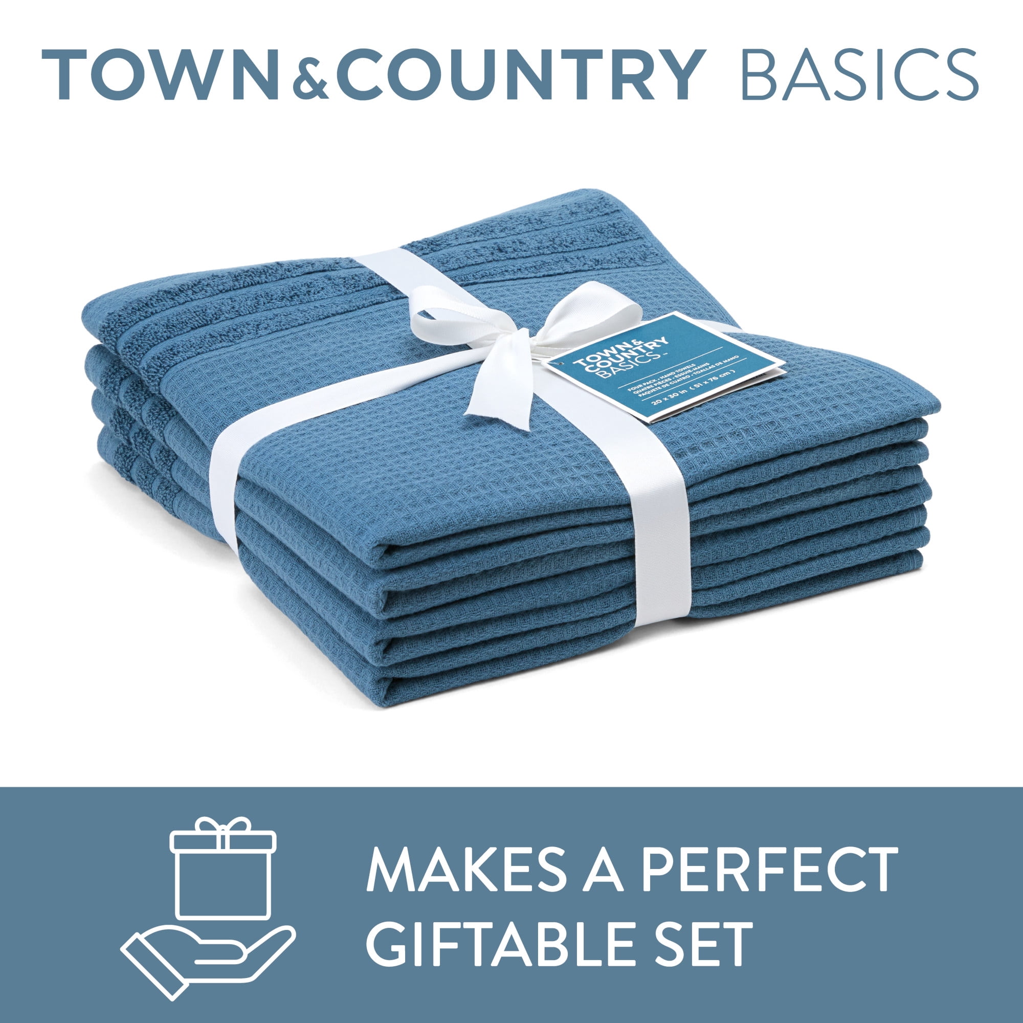 TOWN & COUNTRY BASICS 4-Piece Waffle Woven Terry Stripe Washcloth Set, 13"x13", 100% Cotton, Quick Dry, Blue