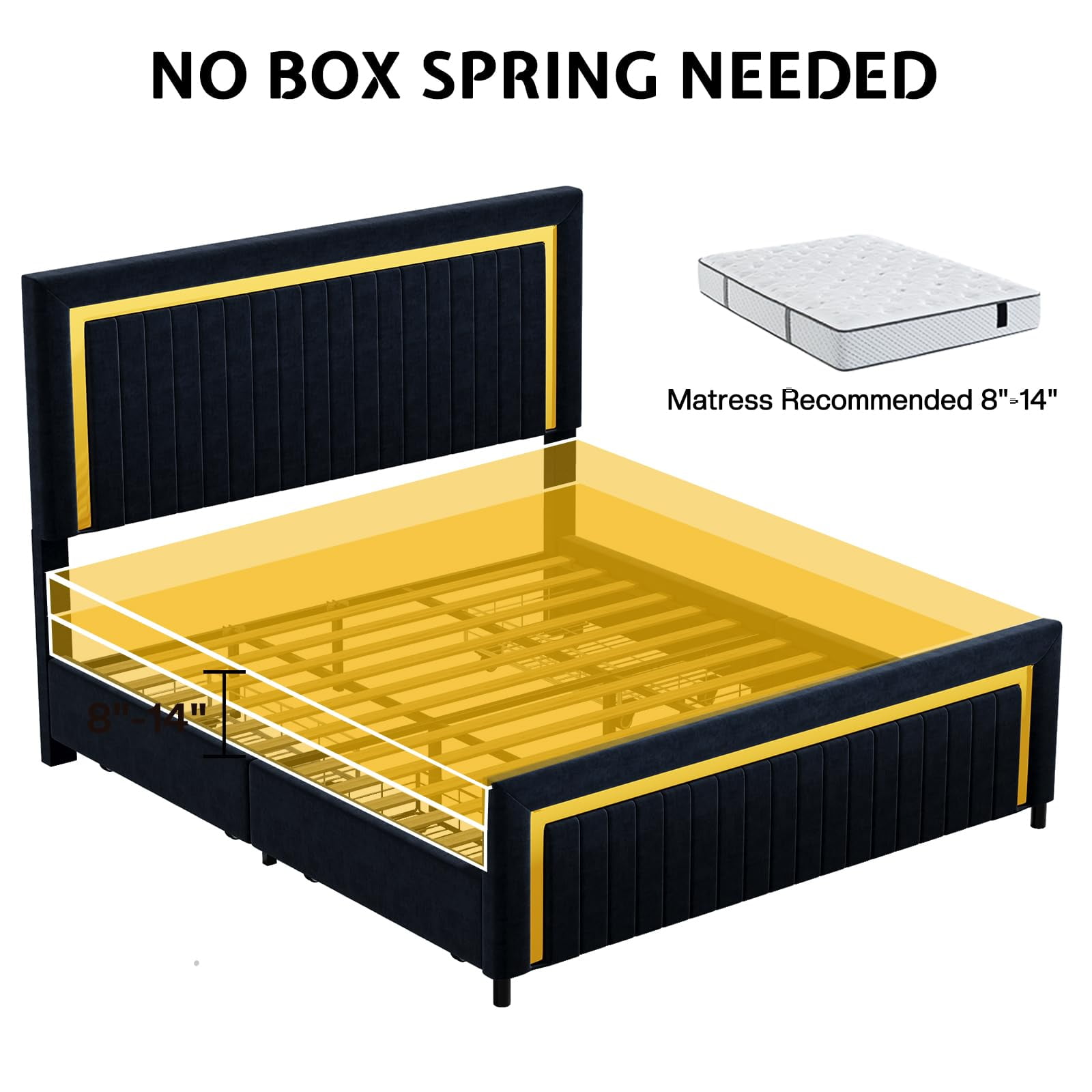 VanAcc Upholstered Platform Queen Size LED Bed Frame with 4 Storage Drawers, Adjustable Headboard with Vertical Channel Design, Black
