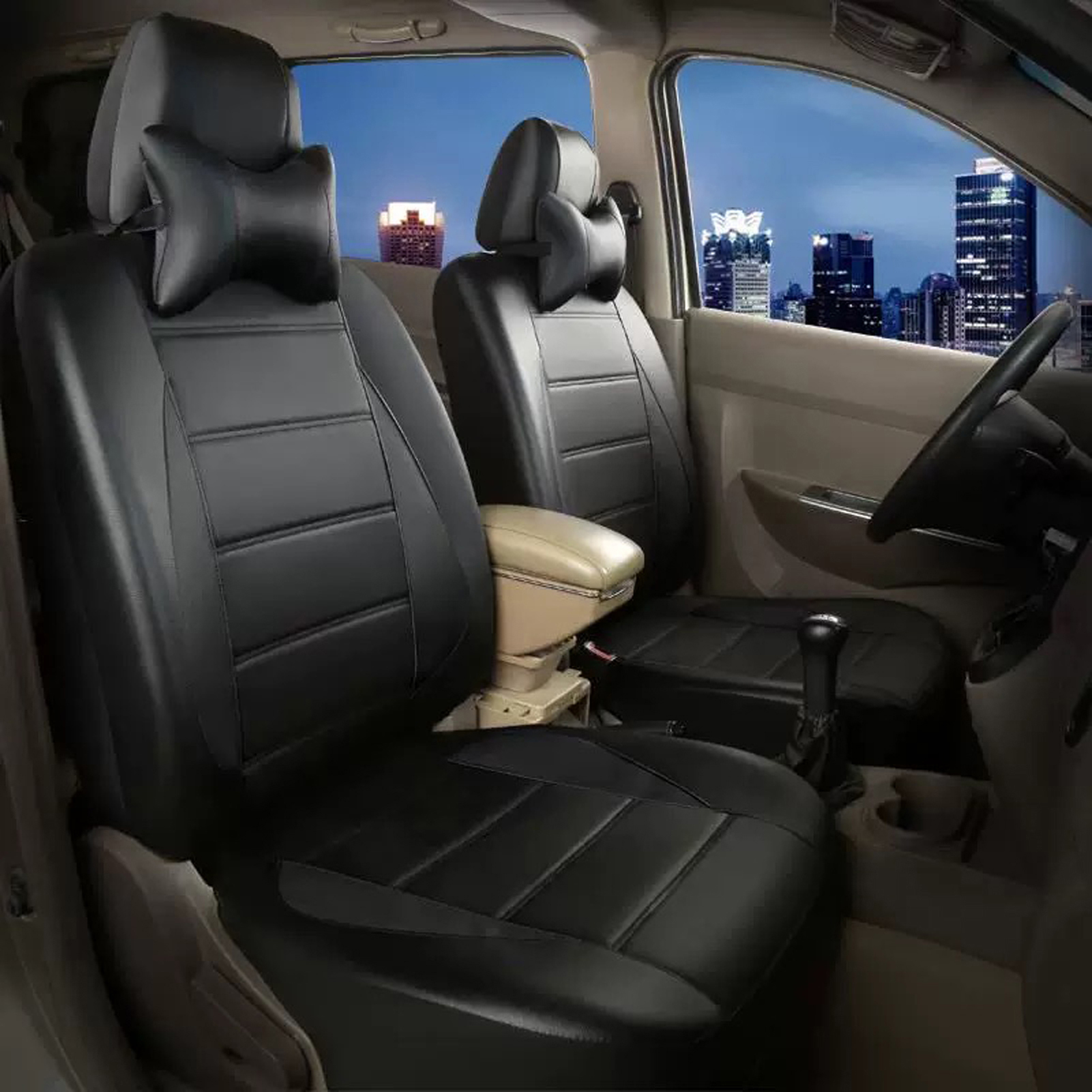 CACAGOO 9 Pcs Car Seat Covers Full Set – Classic Black Faux Leather Front & Rear Bench Protector, Comfortable Fit for Cars, Trucks & SUV