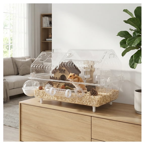 Hamster Cage with Wheel & Hideout, Small Animal , Clear Pet House, 21.5" x 11.8" x 12.6", Gerbil Cage for Burrowing