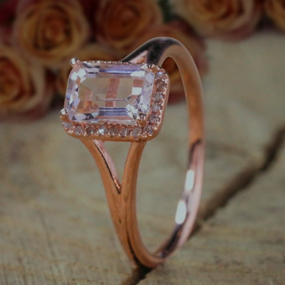 Sale: 1.25 Carat 7x5mm Emerald Cut Peach Pink Morganite and Diamond Moissanite Split Shank Halo Engagement Ring with 18k Gold Plating