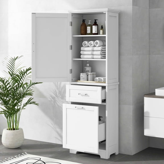 MAYEERTY Tall Bathroom Cabinet 2 Size Drawers Adjustable Shelf MDF Painted White