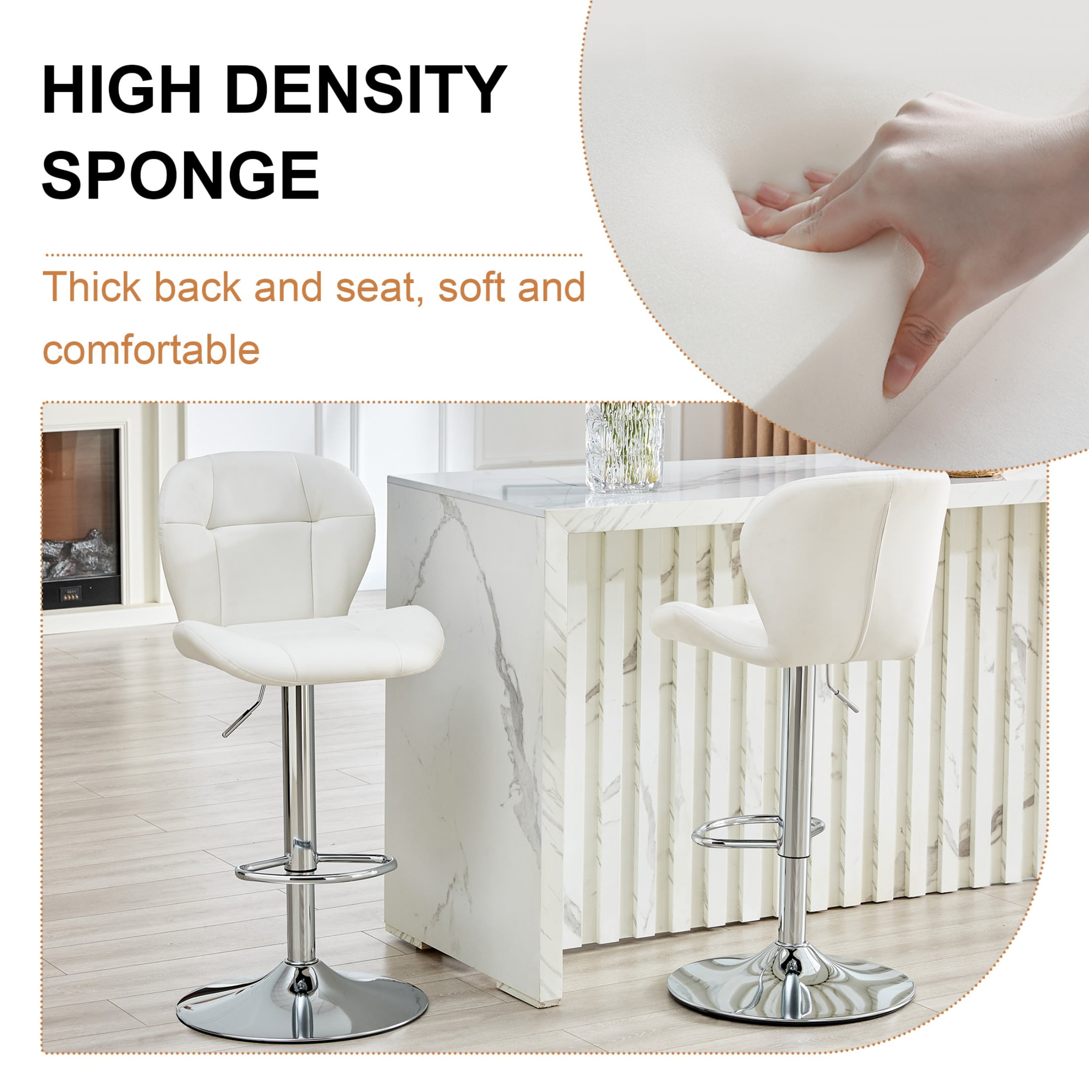 Bar Stools Set of 2, White PU Leather Upholstered Adjustable Swivel Barstools, Adjustable Height Bar Chairs with Silver Metal Base & Footrest for Kitchen Island, Pub, Bar