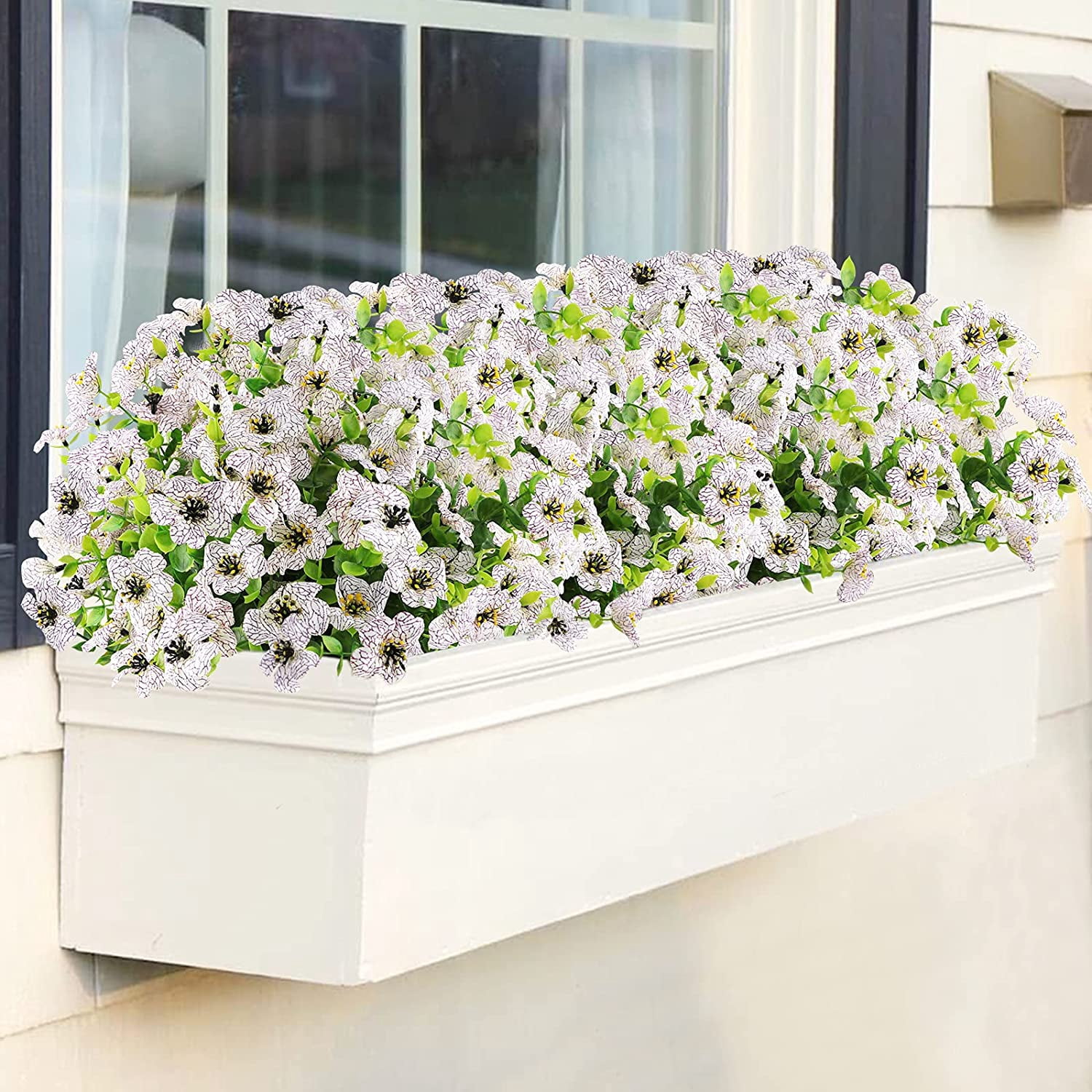 Sinhoon 18 Bundles Artificial Flowers UV Resistant Fake Plants Outdoor Faux Plastic Flowers Garden Window Box Porch Home Decor (White)