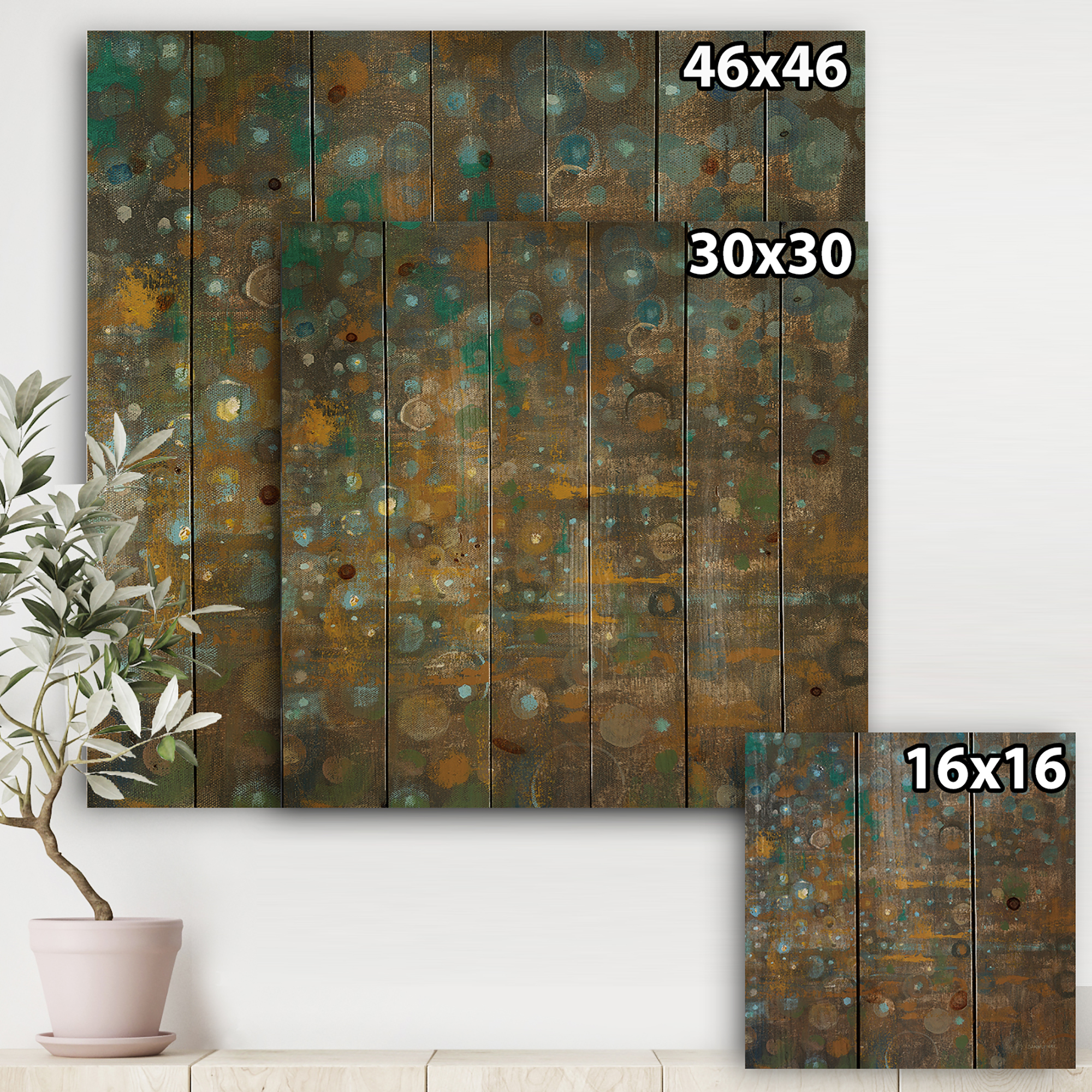 Designart 'Bronze and Blue Dots On Glass IV' Cabin & Lodge Print on Natural Pine Wood