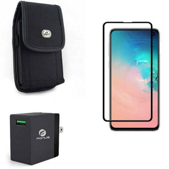 Galaxy S10e Case Belt Clip w Screen Protector w Fast Home Charger - Rugged Holster Canvas, Tempered Glass 5D Curved Edge, 18W USB Quick Charge Port for Samsung Galaxy S10e Phone