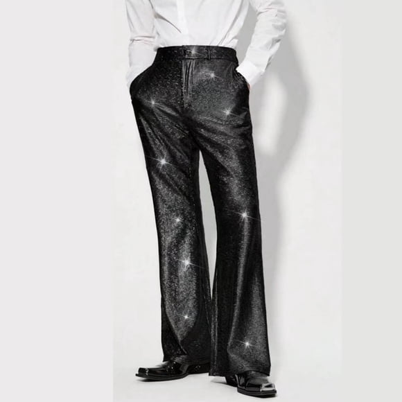 Mceream Men's Sequins Pants Shiny 70S/80S Disco Party Dancing Trousers Sparkly Straight Leg Loose Ankle Fashion formal Pants Pantalones De Moda Para Hombre Black S