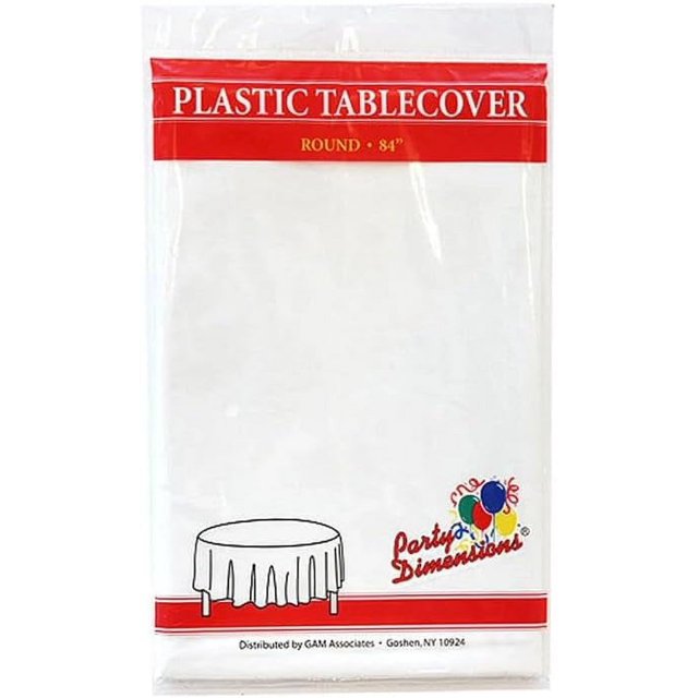 Party Dimension Tablecloth - 84" x 84" - Plastic Disposable White Round Tablecover for Weddings, Banquets, Parties : 1 Count