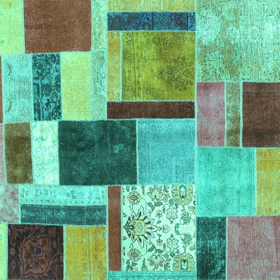 Ahgly Company Machine Washable Indoor Square Patchwork Turquoise Blue Transitional Area Rugs, 7' Square
