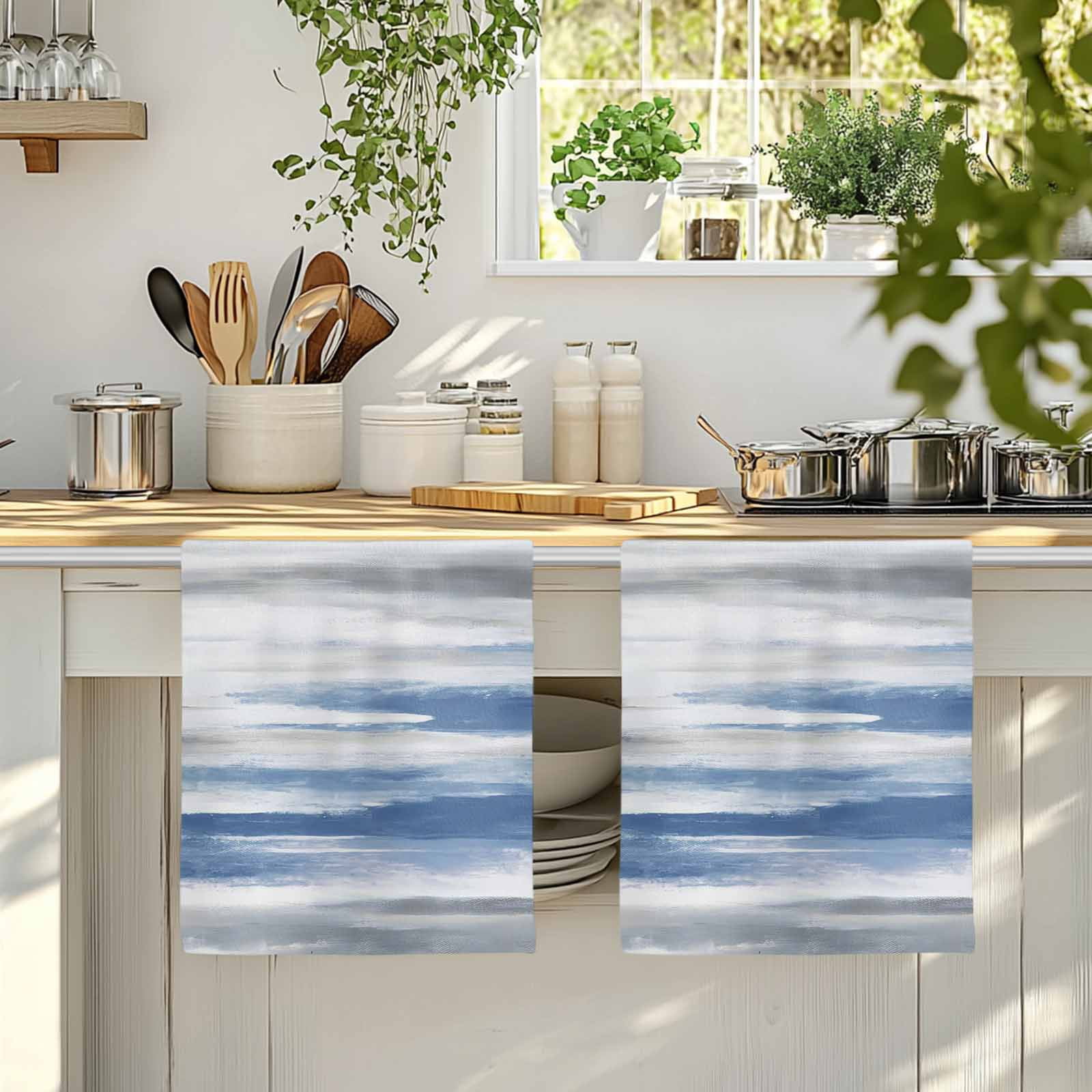Blue Gray White Kitchen Towels Set of 2, Modern Abstract Mottled Aesthetic Absorbent Dish Towels for Kitchen, Microfiber Hand Towel, Quick Drying Tea Towel for Cleaning Decorative Dishcloths