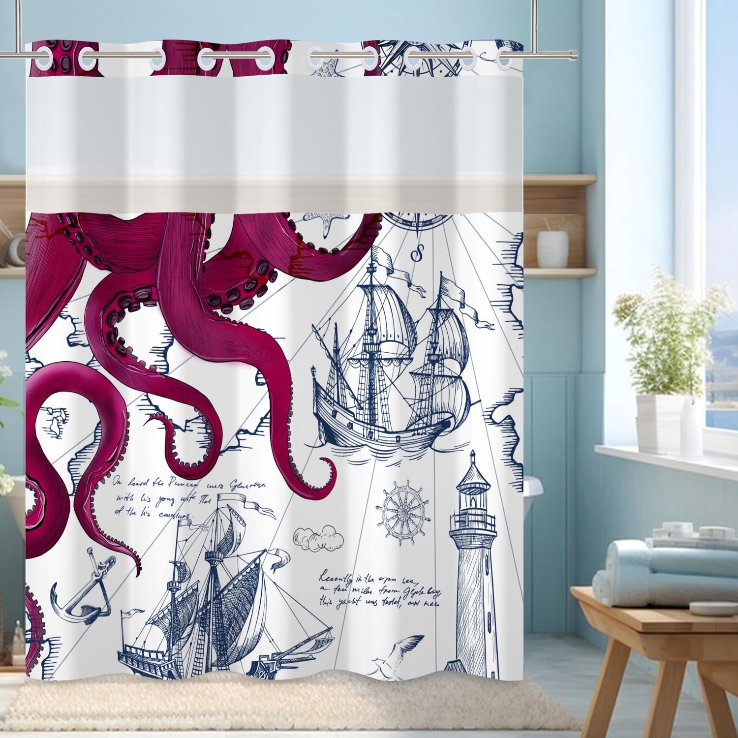 Mizhona Ocean Octopus Shower Curtain with Snap in Liner Nautical Coastal No Hook Fabric Bathroom Curtain,71"× 74"