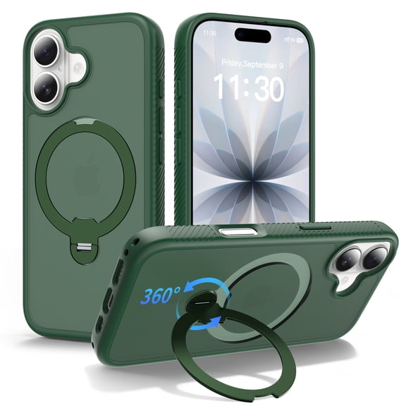 Premium Case for iPhone 16, Magnetic Rotating Ring Stand Slim Protective Minimalist Thin Anti-Slip Shock-Resistant Phone Case Cover, Compatible with MagSafe, Darkgreen