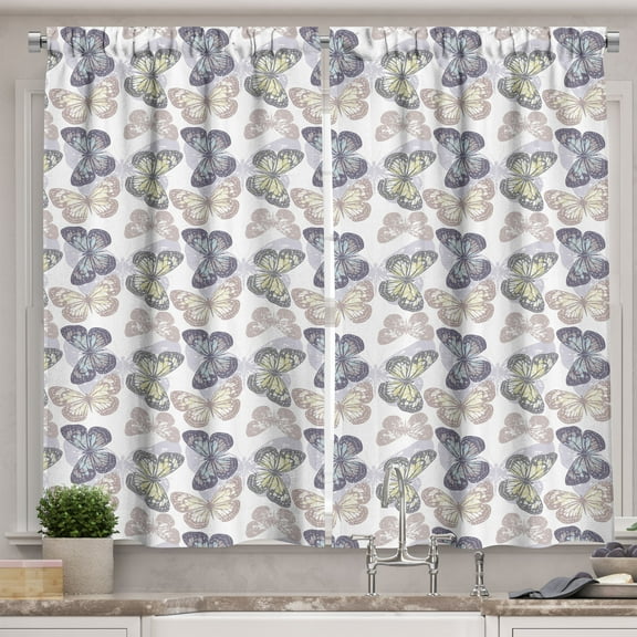 Ambesonne Butterfly Kitchen Curtains, Retro Wings of Spring Art, 55"x30", Pale Eggplant Eggshell