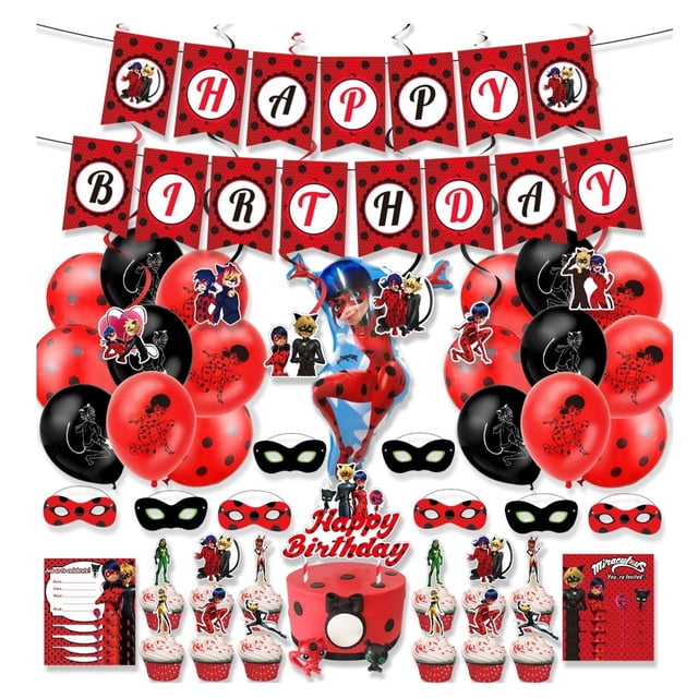 Globos Metálicos y Latex en color rojo y negro para cumpleaños alusivo a Lady Bug