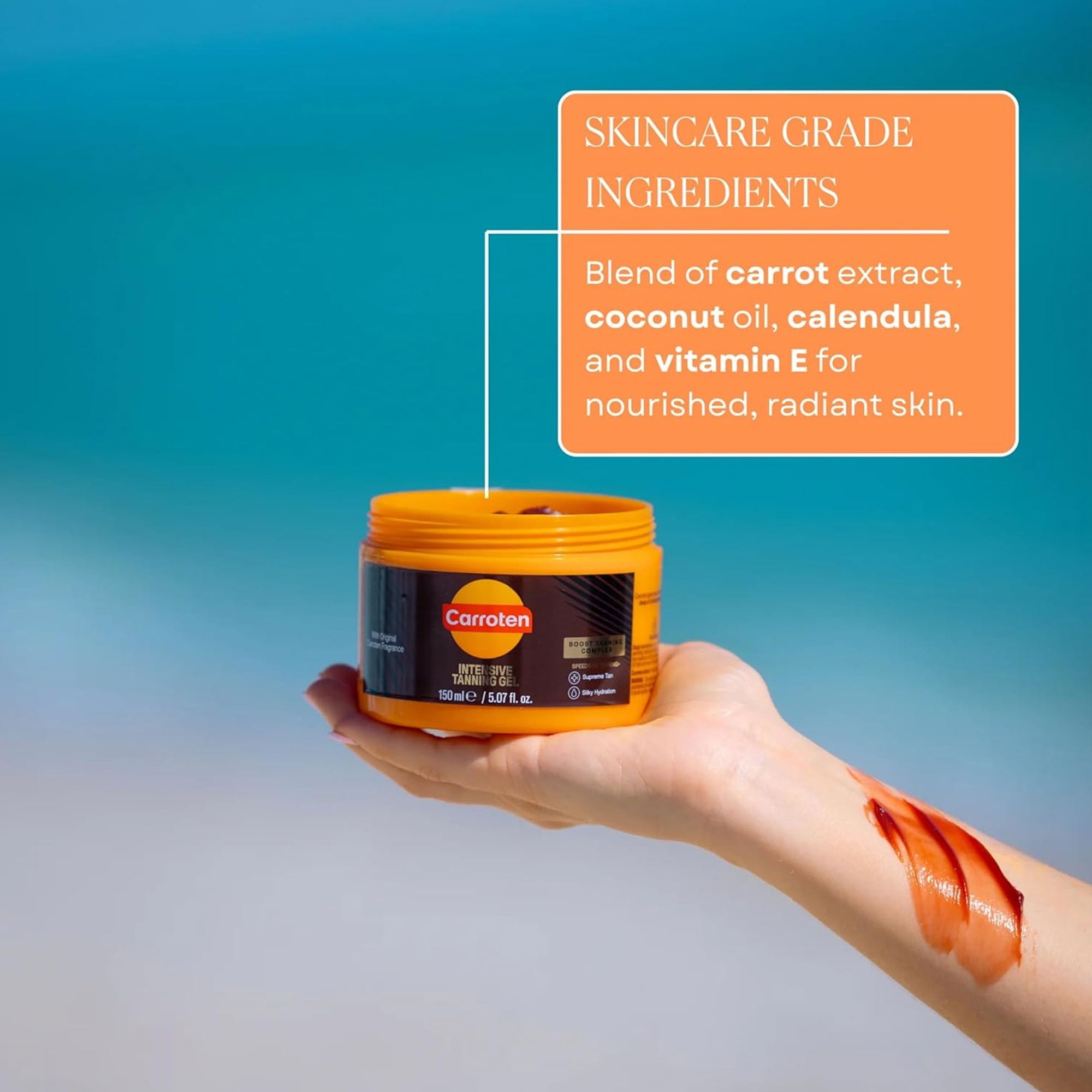 Carroten Intensive Tanning Gel | Browning Tan Accelerator | Non-Greasy, Water-Resistant with Carrot and Coconut Oil | Vitamin A & E For Moisture & Hydration | Made in Greece | 5 fl oz