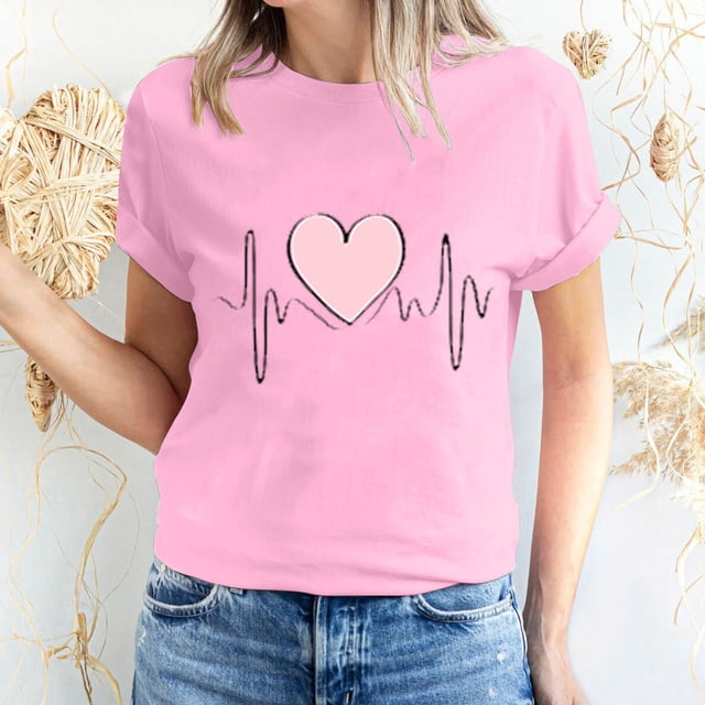 T-shirt à Manches Courtes Imprimé Amour de la Saint-Valentin pour Femmes, Col Rond